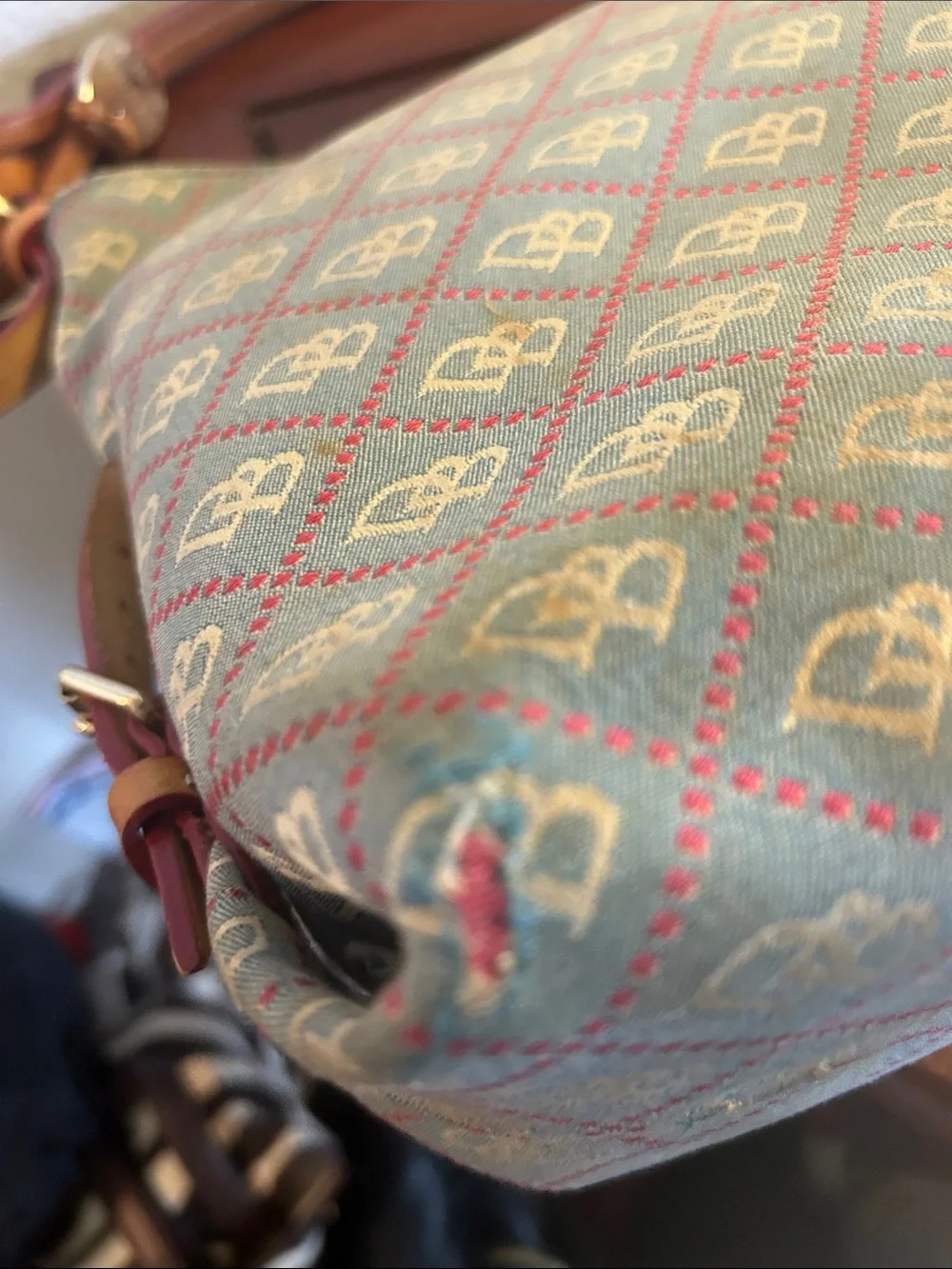 Women’s Shoulder Bag in Blue and Tan with Patterned Monogram